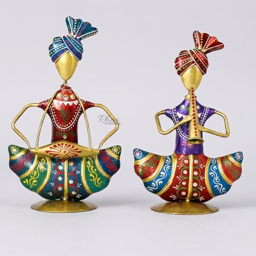 Image of Sitting Sardar Set of 2 Multicolour Handcrafted Rajasthani Musician Figurines, Traditional Metal Table Decor Showpiece for Office Desk, Corporate Bulk Gifting (2x10x16 cm)