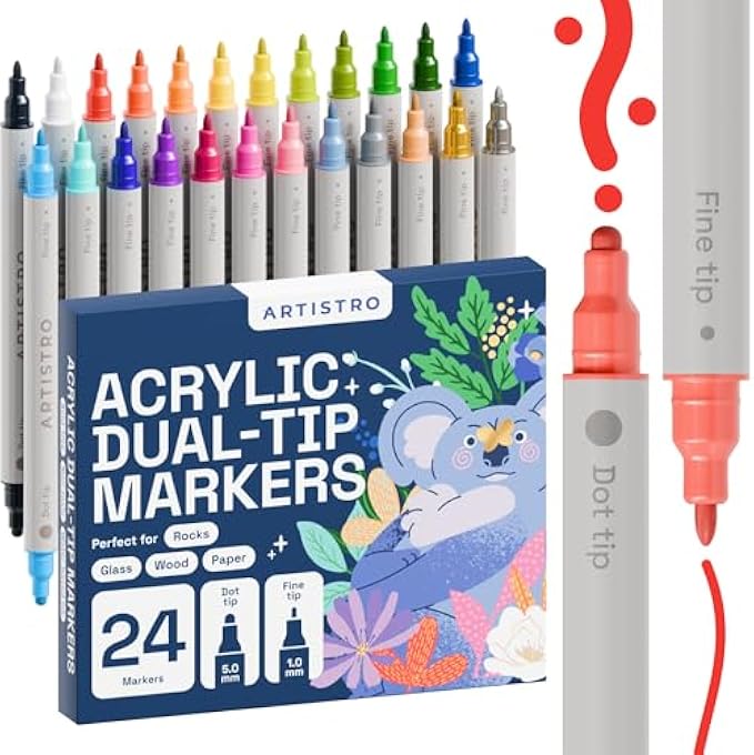 ARTISTRO 24 Colors Acrylic Paint Pens, Acrylic Paint Markers Dual Tip (Fine 1mm + Dot 5mm), Fabric Markers for Textile, Canvas, Rock, Glass, Wood, Paper, DIY, Paint Markers for Kids and Adults