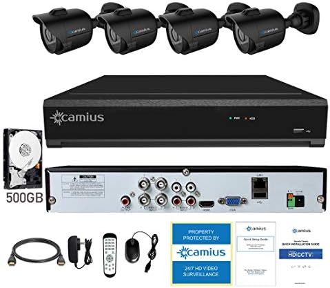 Camius HD 1080N 4 Channel DVR 500GB HDD Home Security Camera System with 4 Outdoor Black Bullet Day Night Cameras, Weatherproof, Reliable Recording
