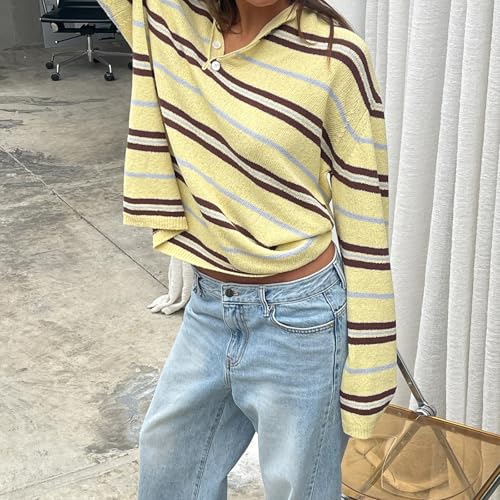 Womens Fall Winter Knit Tops Loose Fit Casual Striped Ribbed Trim Long Sleeve Sweatshirt Sweater Blouse Streetwear3