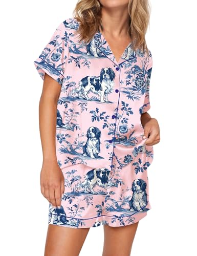Image of SHESHOW Satin Pajamas for Women Set Preppy Animals Pjs Short Sleeve Shorts 2 Piece Loungewear Sets XS-XXL