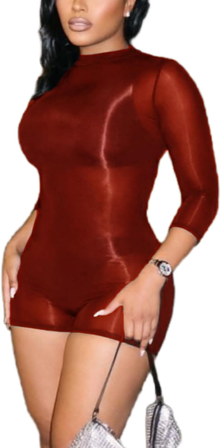 Mandonce Mesh Black Jumpsuits For Women See Through Club Outfits Long Sleeve Jumpsuit Bodycon Shorts Romper Stretchy