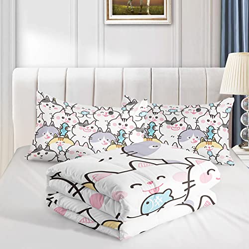 Cvhouse Kawaii Cat Bedding Twin Size,Kawaii Cat Bedding Set For Girls Kids,Cartoon Cute Cat Comforter Set Kawaii Duvet Set Kawaii Cat Quilt Set Kawaii Decor 3 Pieces #TOP2