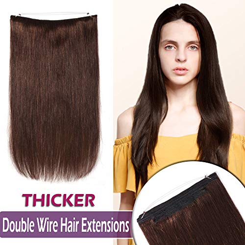 Remy Human Hair Hidden Wire Extensions Thicker Secret Fish Line Hair Extensions Long Straight No Clips No Glue Hairpieces Invisible Fish Line in 16" 90g #2 Dark Brown