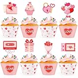 48 Pcs Valentines Cupcake Toppers and Heart Wrappers Love Cupcake Decorations for Valentine's Day Theme Wedding Birthday Party Supplies