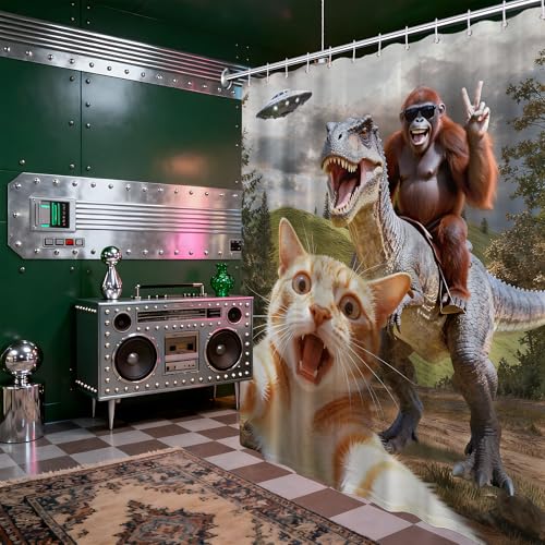 Image of Extra Tall Shower Curtain XL Fun Cat Riding Dinosaur, 70 x 96 Inchs