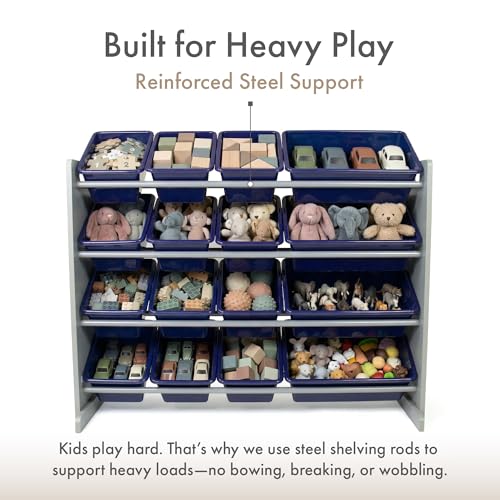 Image of Humble Crew Toy Storage Organizer with 16 Removable Storage Bins for Kids Playroom, 4-Tier Toddler Toy Organization, Grey /Navy