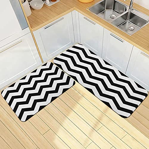 Lot de 2 Tapis de Cuisine antidérapants, Absorbe l'eau et l'huile,Formes Chevron Motif Classique Géométrique Rayures Zig Zag Horizontales Illustration Rétro Blanc Noir,Tapis de Sol pour l'intérieur
