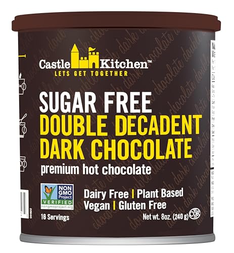 Castle Kitchen Sugar Free Double Decadent Dark Hot Chocolate - Premium Plant Based, Dairy Free, Gluten-Free Vegan Hot Coca Mix - Just Add Water - 8 oz Can