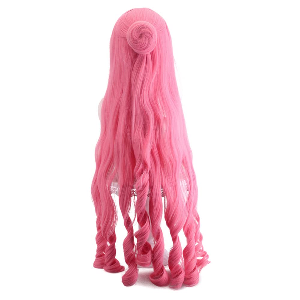 Shqncoh Anime OP Ghost Princess Perona Wig with Back Bun Light Pink Long Wavy Party Hair Halloween Cosplay Props Accessory