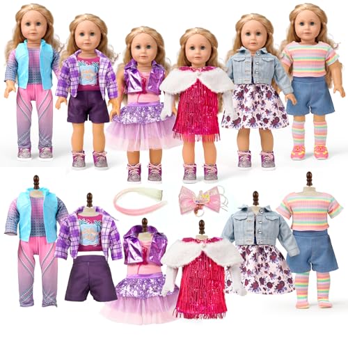 18-Inch American Doll Clothes Accessories - 19Pcs Fashion 18 Inch Doll Outfit Set for Girls Gifts Includes 3 Dresses Lounge Suit Workout & Yoga Sets and Accessories for 18 Inch Dolls