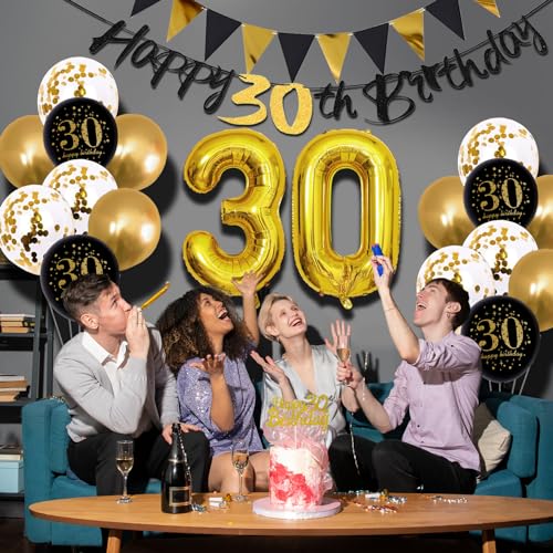 Image of Jobkoo 30th Birthday Decorations for Him, Black Golden 30th Birthday Party Decor Men Women Happy 30th Balloons Black 30th Banner Cake Topper Number 30 Balloon for Thirty Decoration