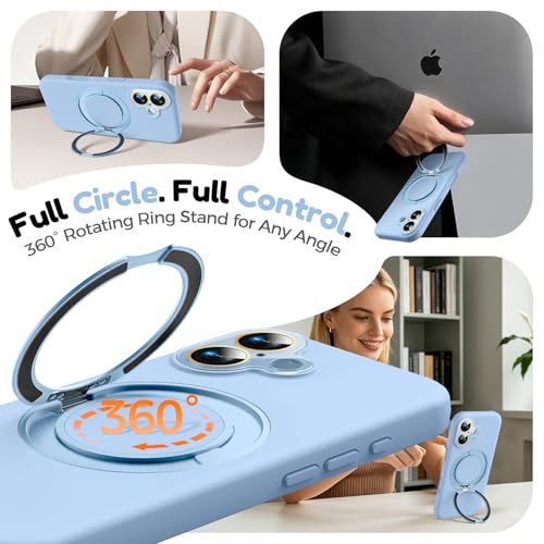 Image of Silicone 360 Spin Magnetic Stand Case for iPhone 17, [Compatible with Mag-Safe][Reinforced Hard Camera Protection]Shockproof Liquid Silicone Rubber Phone Case Cover with Ring, Camera Button, Sky Blue