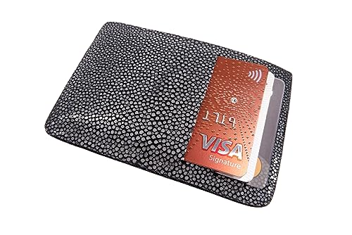 Genuine Polished Stingray Skin Leather Slim Business Credit Card Holder Sleeve Wallet (Black)