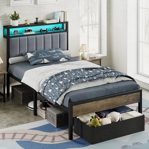 Image of AMERLIFE Twin Bed Frame with LED Lights & 2-Tier Storage Headboard | Grey, 2 Storage Drawers, Metal Platform Frame, Velvet Upholstery, Heavy-Duty Slats, No Box Spring, Easy Assembly