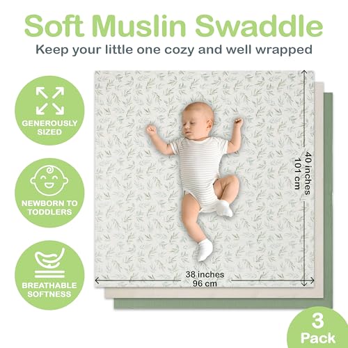 Image of Organic Muslin Baby Blanket 3-Pack Green, Ivory & Floral 38x40 Inch 100% Organic Cotton Oeko-TEX Certified Hypoallergenic Swaddle Blanket for Newborn Girls, Pastel Baby Girl Gift