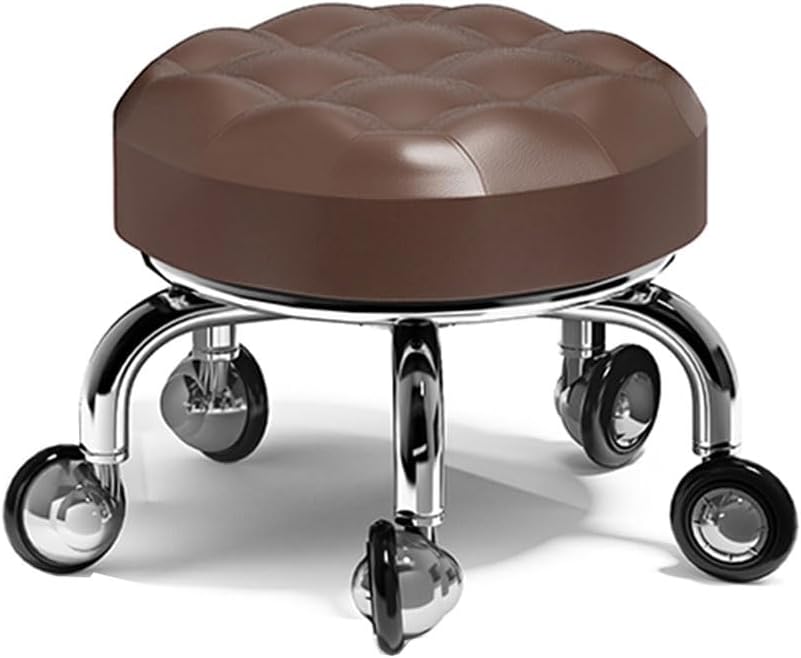 Low Roller Stool with 360° Swivel Wheels, Low-Height Short Rolling Stool Seat, PU Leather Small Mechanic Chair, Rolling Stools for Pedicure, Garage, Shop, Library Brown