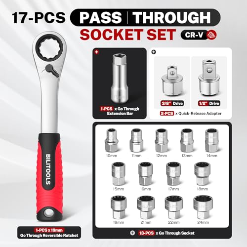 Image of BILITOOLS 17PCS 3 /8 inch & 1 /2 Pass Through Socket Set, 2-In-1 Conversion | for Standard Ratchet /Pass-Through Ratchet, Pass Thru, Go Through, Mechanics Tools Set for Hex, Square, E-Torx, Spline