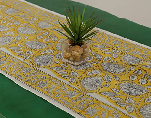 Image of Ravaiyaa - Attitude is everything Cotton Hand Block Printed Table Runner Bed Runner Table Bed Decor (Yellow White Floral)