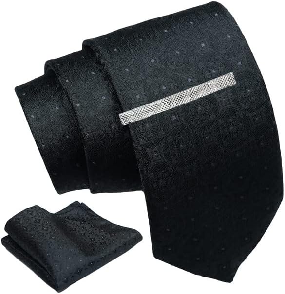 Tie for Men โ Striped Silk Neck Ties Set with Cufflinks Flower Pin, Pocket Square & Black Gift Box, Combo Necktie Sets for Office Wear, Formal Suits & Weddings (Black, AXNW11)