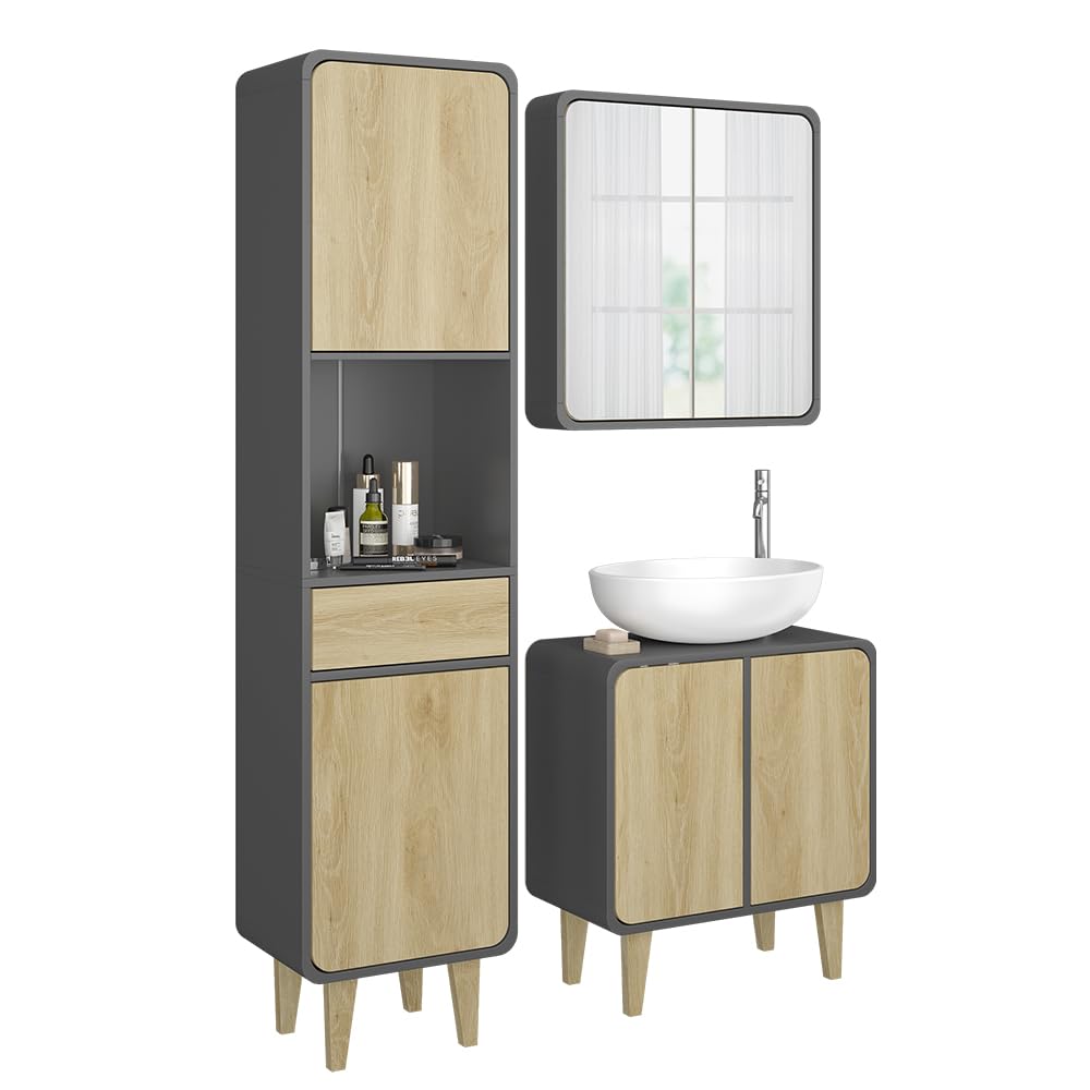 Vicco Set di mobili da bagno Arla, Antracite/quercia, 60 cm, composto da mobile sottolavabo, specchiera e colonna alta