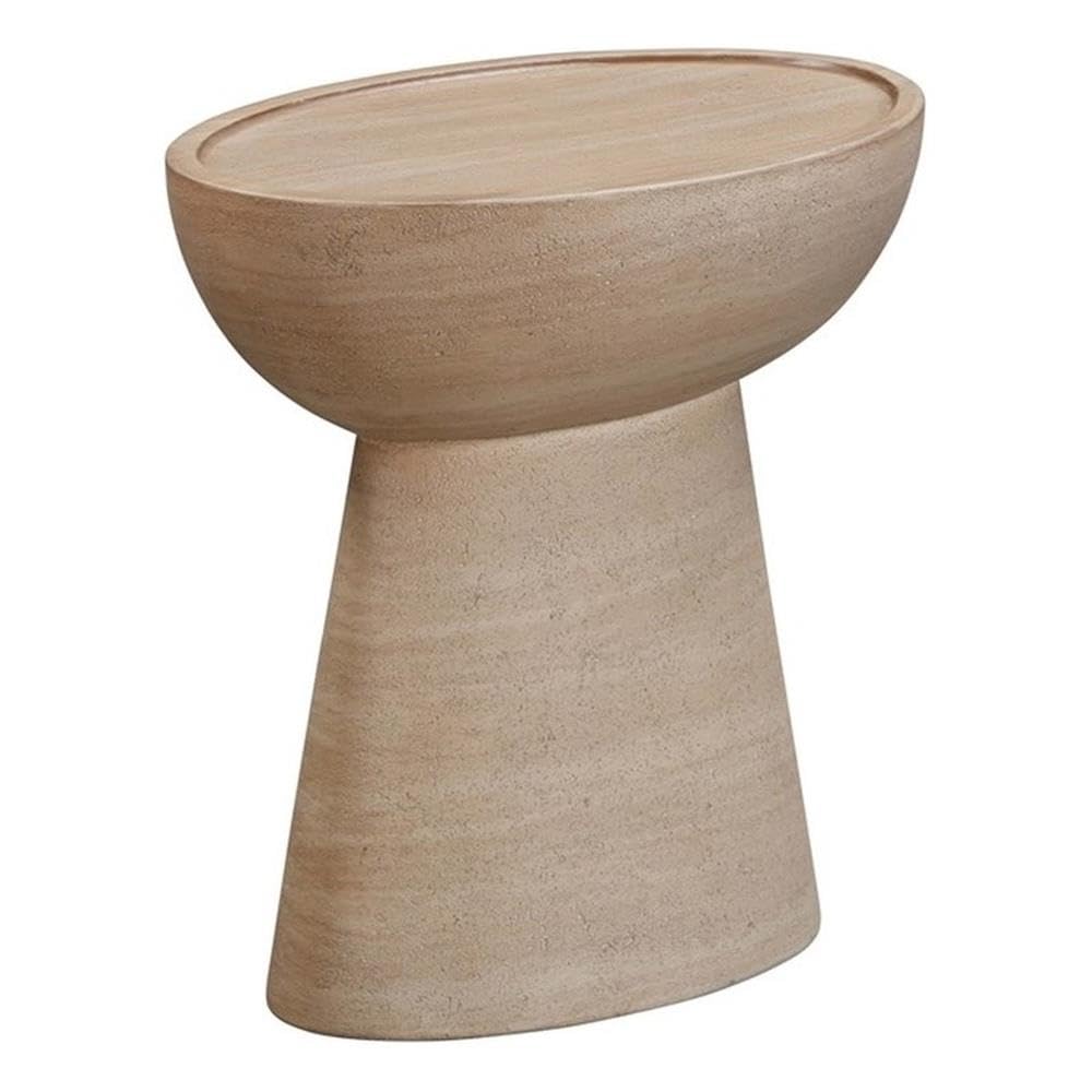 Pemberly Row Indoor/Outdoor Eclipse Faux Travertine Stone Side Table in Beige