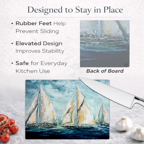 Tablero de corte decorativo de vidrio templado grande de Caroline's Treasures, diseño artístico 'The Last Mile Sail boats', para cocina y servicio miniatura 6