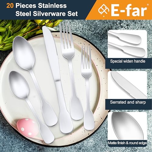 E-far Matte Silverware Set for 4, 20-Piece Stainless Steel Flatware Eating Utensils Set for Home Kitchen Restaurant, Modern Forks Spoons and Knives with Widen Handle, Dishwasher Safe