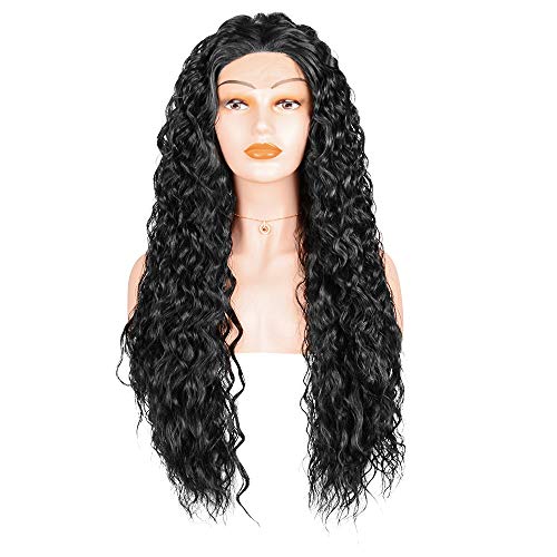 JessLab Lace Front Curly Synthetic Wigs, 24 Inch Natural Curly Look Heat Resistant Hair Extension Wavy Curly Hairpiece Wig for Women Girl, 1B Black