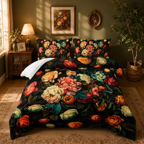 Nttopship Cute Flower 3 Piece Bedding Set King Size，Colorful Floral Ultra Soft Microfiber Comforter Bed Set with 3-Pieces,Flower Comforters Sets for Girl Teen Floral Bedroom Decor with 2 Pillow Shams