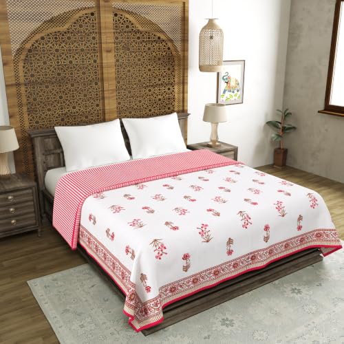 Image of BLOCKS OF INDIA 100% Cotton Dohar King Size Reversible Hand Block Printed Malmal Summer Dohar /Blanket (Pink Peach Flower)