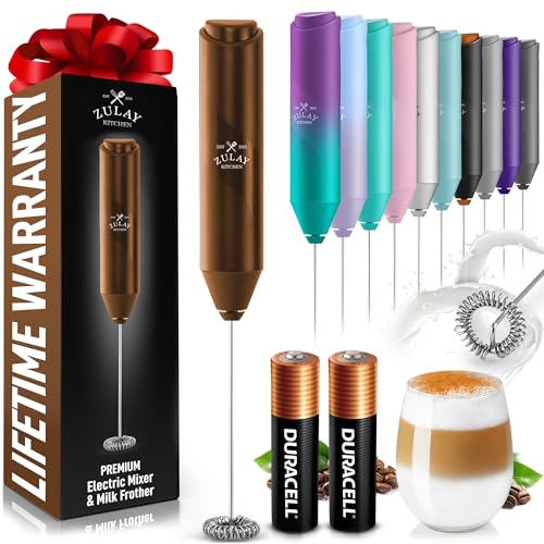 Image of Zulay Kitchen Powerful Milk Frother AA Batteries Included - Ultra Fast Handheld Drink Mixer with Stainless Steel Whisk Stirrer for Coffee, Protein, Matcha & More, Frother Wand Electric Frothmate Brown