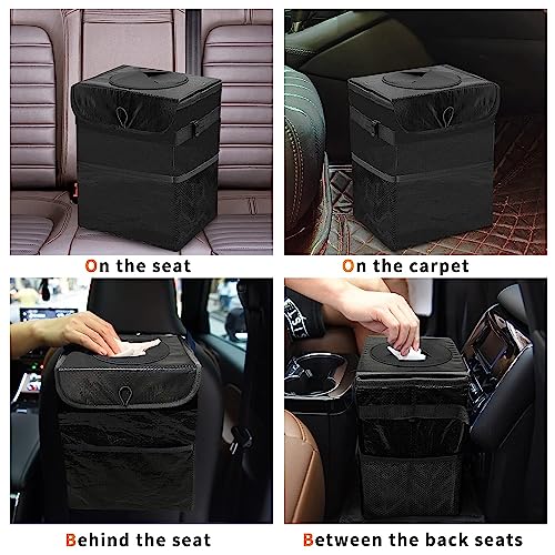 Image of House of Quirk Polyester Manual-Lift Car Trash Can With Foldable Lid And Storage Pockets, Leak-Proof Multipurpose Hanging Bag (Black)