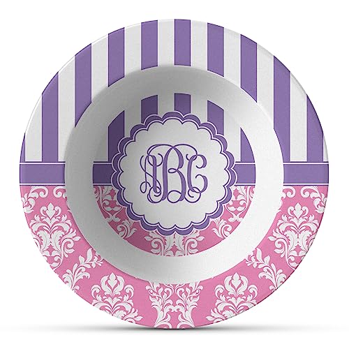 Personalized Pink & Purple Damask Plastic Bowl - Microwave Safe - Composite Polymer