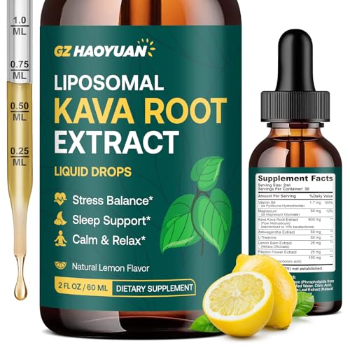 Liposomal Kava Kava Drops for Calming & Relaxation Kava Root Extract Supplement with GABA Ashwagandha & Magnesium - Support Mood & Better Sleep Fast-Absorbing Vegan Kava Liquid Drops Lemon 2 Fl Oz