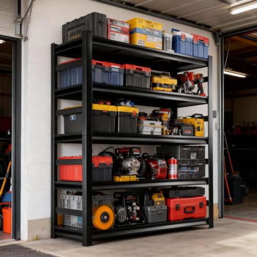 Image of 72 inchH Metal Garage Shelving Unit, Heavy Duty 5-Tier Adjustable Storage shelves, Steel Shelving, 3000 LBS Capacity, Industrial Shelves for Heavy Tools and Equipment, Ideal for Garage, Basement, Black