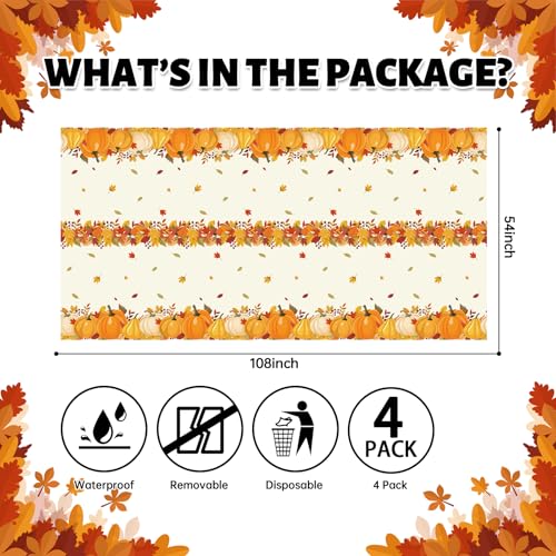 Image of ATFUNSHOP Fall Plastic Tablecloth 4 Packs Thanksgiving Disposable Table Cloth 54x108 Rectangle Table Cover with Pumpkin & Maple Leaf for Holiday Dinner Party Decorations Outdoor Picnic & Baby Showers