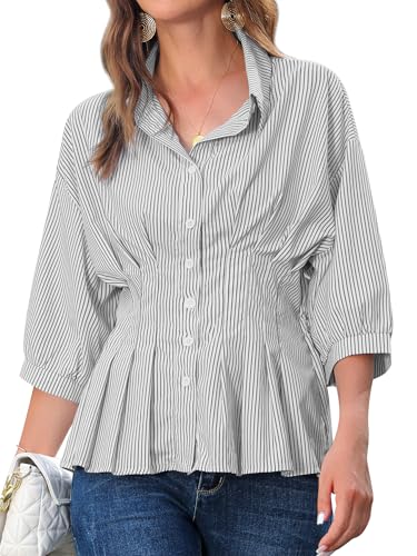 Women Pleated Peplum Blouse 3/4 Sleeve Button Down Cinched Waist Shirt Fitted Flattering Office Daytime Top