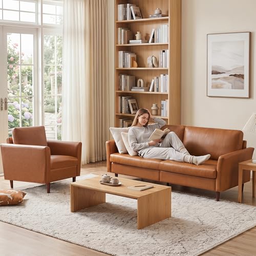Image of Kingfun 2 Piece Faux Leather Sofa Set, Mid Century Modern Living Room Furniture Set with 3-Seater Sofa and Armchair, Small Leather Couch with Solid Wood Frame for Bedroom and Office, Mid Brown