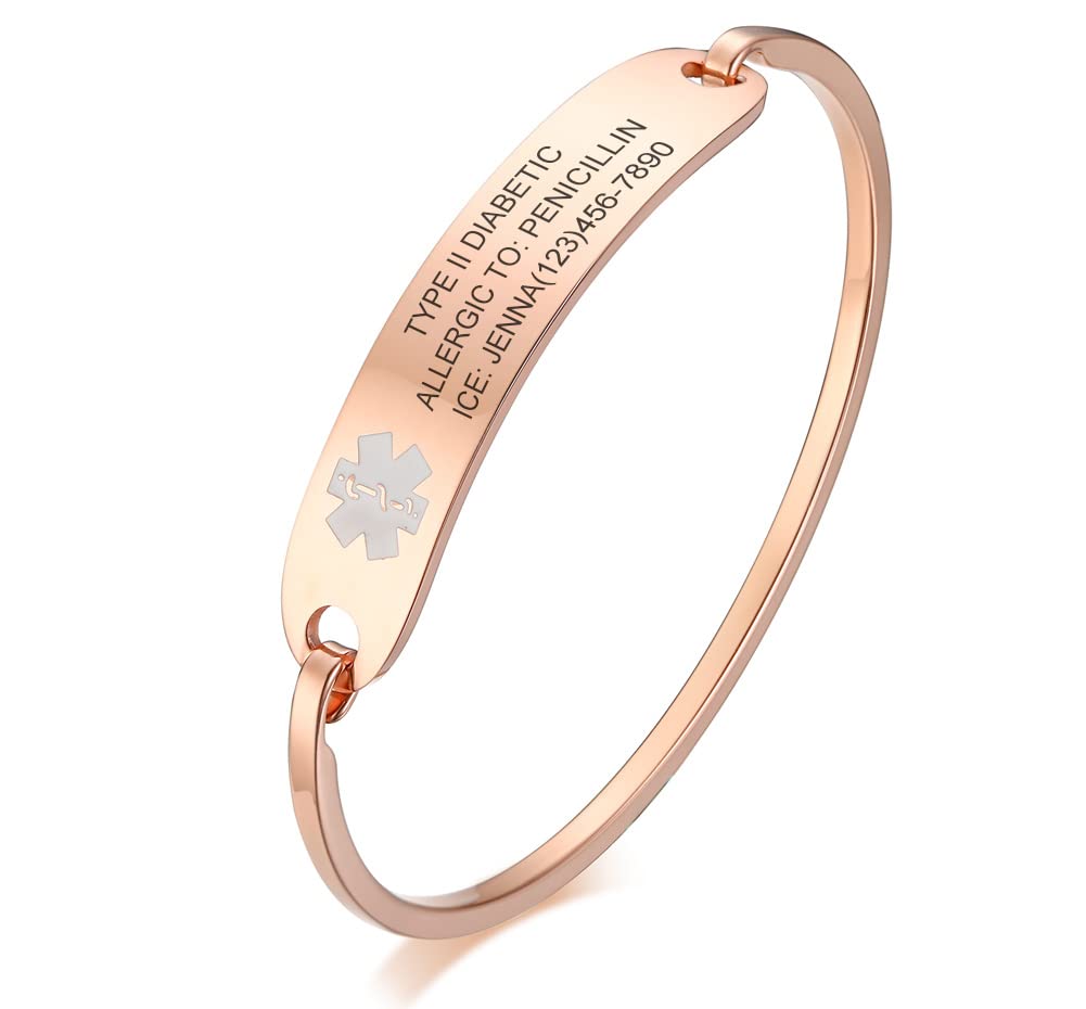 MEALGUET Medical ID Bracelet for Women : Stainless Steel Medical Alert Bangle Bracelet with Free Engraving