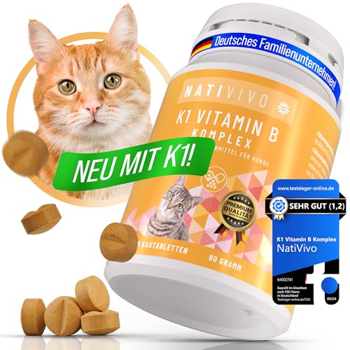 NatiVivo K1 Vitamin B Komplex Katze – hochdosierte Hunde Vitamine mit Vitamin B1, B12 & Folsäure Vitamine für Katzen 120 Premium Tabletten Made in Germany