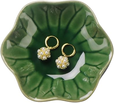 JAMEND CLXP Lotus Leaf Shape Decorative Ring Tray, Small Key Bowl, Ceramic Trinket Tray Jewelry Dish Organizing Necklace Earrings, Home Decoration for Mom Best Friend Sister, Emerald Green.