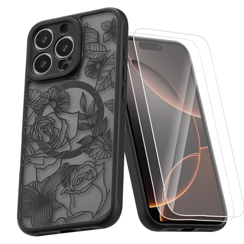 Coque iPhone 16 Pro Magsafe antichoc fleur rose et protection écran