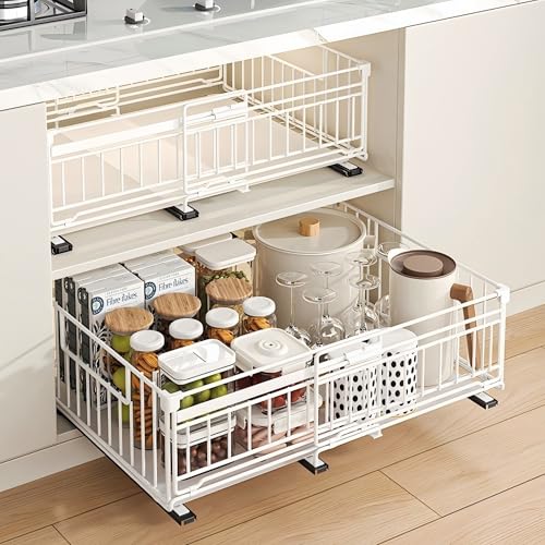 NETEL 2 Pack Expandable Pull Out Cabinet Organiser, 17 CM tall Guardrail, Width 33cm-51cm, Adhesive Rails No Drill, Peel and Stick Pull Out Drawers, Slide Out Drawers for Cupboard Organiser