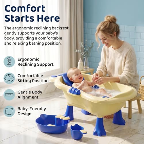 Image of StarAndDaisy Baby Bath Tub for 0 to 5 Years with Bathing Accessories Tray & Mug | Baby Bather for 0 to 2 Years | BPA Free Baby Bath tub for Kids 0-3 Years with 4-Leg Support (Cream-Blue, Bathtub with Legs)