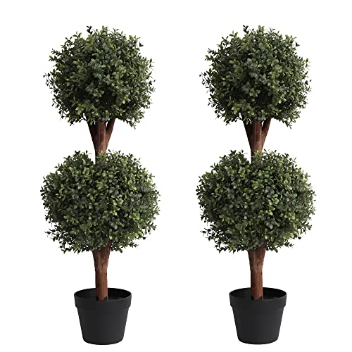 （Set of 2） Lifelike 3Ft arfiticial Double Ball Topiary Trees Outdoor Faux Topiary Tree for Out...