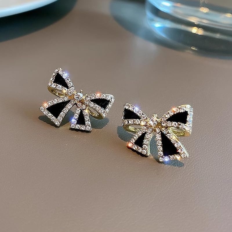 1 Pair Gold-toned Black Bow-shaped Stud Earrings, Cute Earrings w...