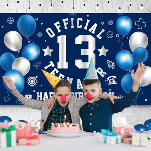 Image of Happy 13th Birthday Decorations Large Official Teenager Backdrop Banner for Boys Girls Navy Blue White 13 Year Old Birthday Party Photo Props Decor