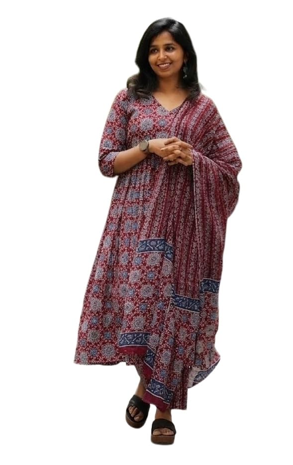 Image of Nermosa Women Printed Cotton Anarkali Kurta and Pant with Dupatta | Printed Kurta Set | Cotton Kurta Set | Summer Office Wear |