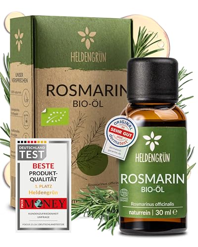Heldengrün BIO Rosmarinöl [HOCHDOSIERT] Natürlicher Haar-Booster - 100% naturreines Rosmarin Öl für Haare & Kopfhaut - Ätherisches Rosmarinöl Haare